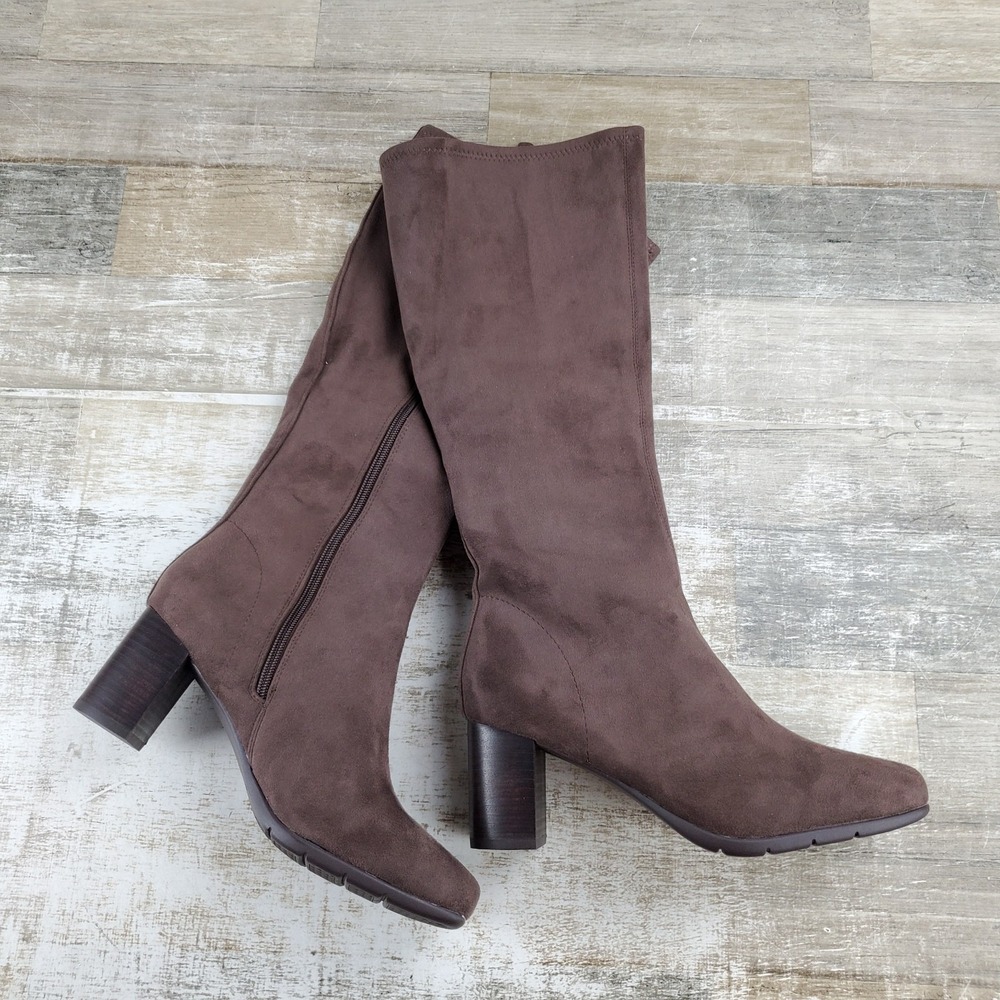 Aerosoles Micah Womens Boots Sz 8.5 M Java Suede Side Zip Block Heel Square Toe